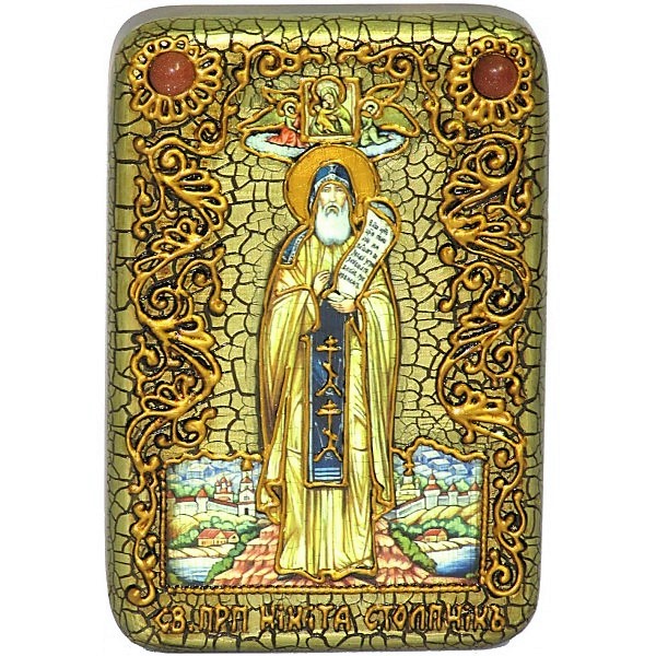 Инкрустированная настольная икона Преподобный Никита Столпник, Переславский чудотворец (10*15 см, Россия) на натуральном мореном дубе, в подарочной коробке