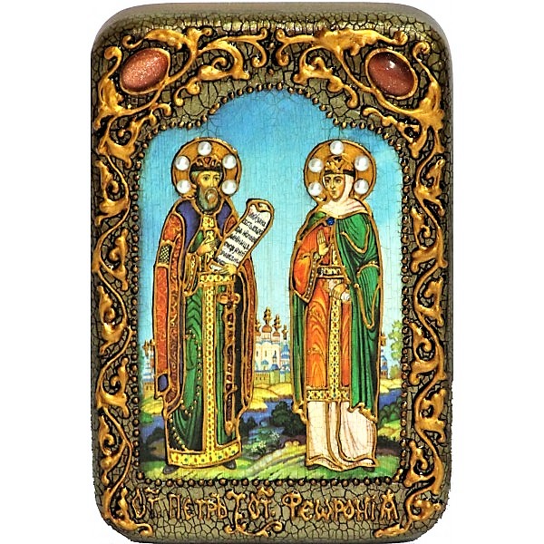 Инкрустированная настольная икона Петр и Февронья (10*15 см, Россия) на натуральном мореном дубе, в подарочной коробке