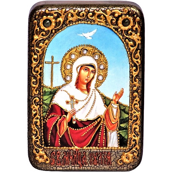 Инкрустированная настольная икона Святая мученица Иулия (Юлия) Карфагенская (10*15 см, Россия) на натуральном мореном дубе, в подарочной коробке