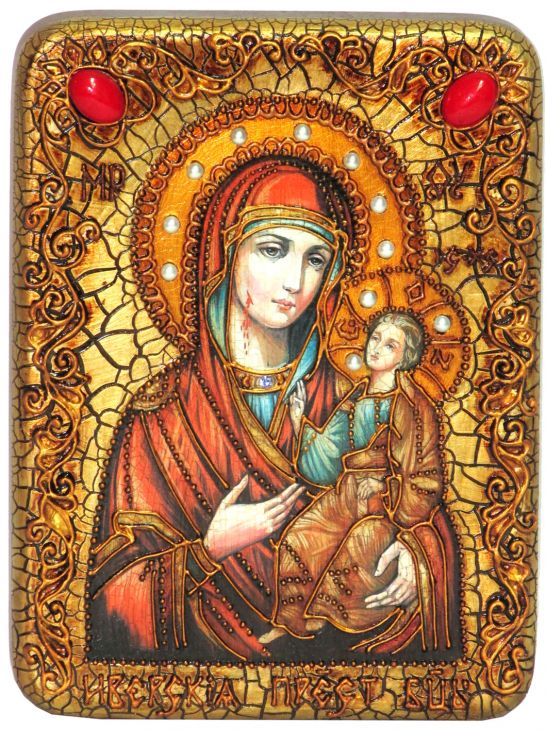 Инкрустированная подарочная икона Образ Божией Матери Иверская на мореном дубе (15*20 см, Россия)