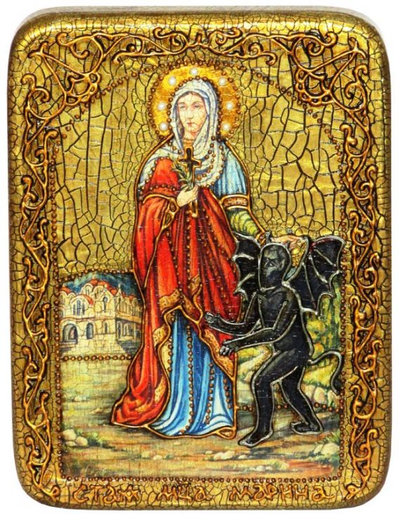 Инкрустированная подарочная икона Святая великомученица Марина (Маргарита) Антиохийская (15*20 см, Россия) на натуральном мореном дубе в подарочной коробке