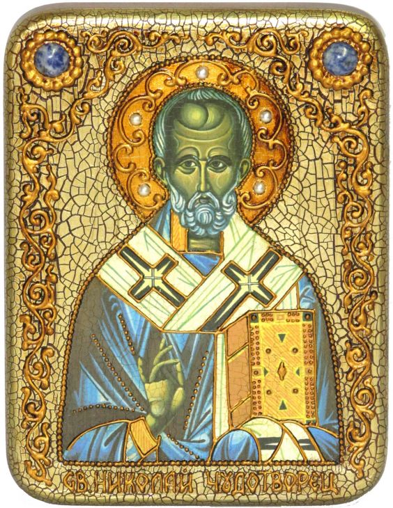 Инкрустированная подарочная икона Святитель Николай, архиепископ Мир Ликийский (Мирликийский) (15*20 см, Россия) на натуральном мореном дубе в подарочной коробке