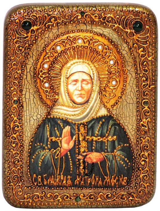 Инкрустированная подарочная икона Блаженная старица Матрона Московская (15*20 см, Россия) на натуральном мореном дубе в подарочной коробке