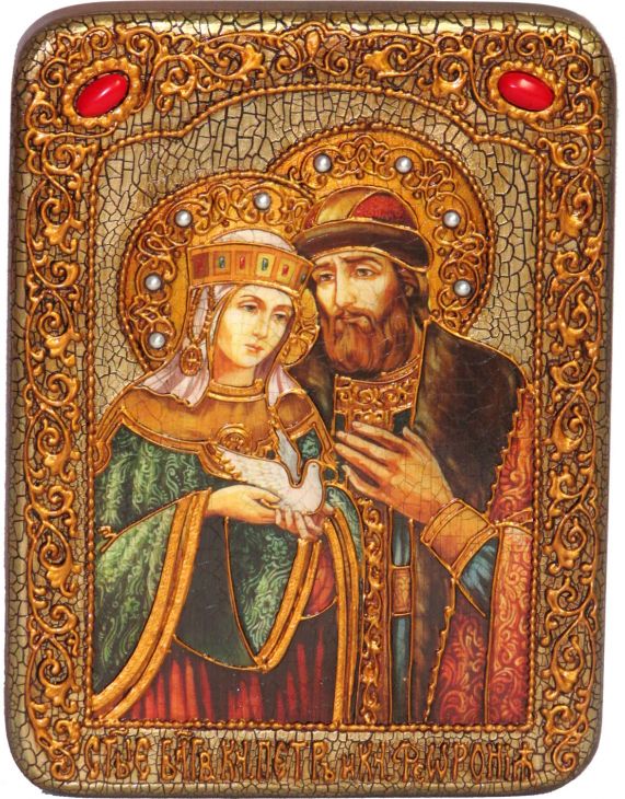 Инкрустированная подарочная икона Петр и Февронья (15*20 см, Россия) на натуральном мореном дубе в подарочной коробке