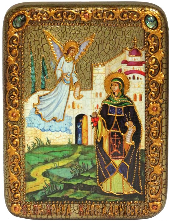 Инкрустированная икона Святая преподобная Ирина Каппадокийская (Хрисоволанта) (15*20 см, Россия) на натуральном мореном дубе в подарочной коробке
