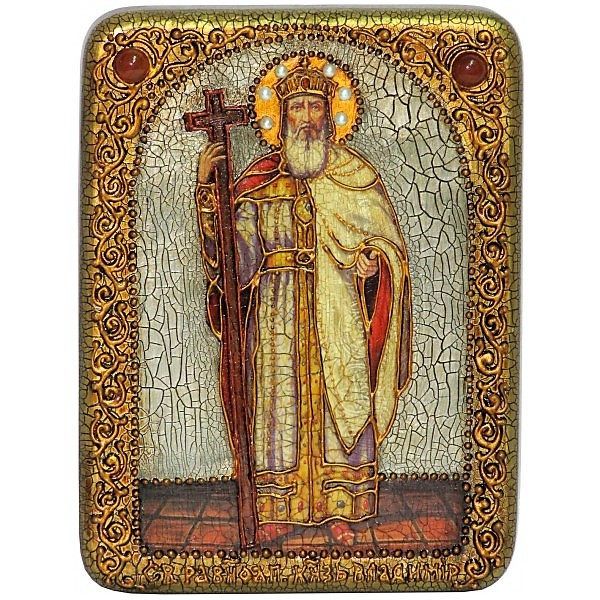 Инкрустированная подарочная икона Святой равноапостольный князь Владимир (15*20 см, Россия) на натуральном мореном дубе в подарочной коробке