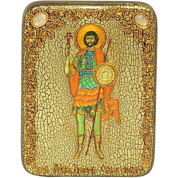 Инкрустированная настольная икона Святой мученик Валерий Севастийский (15*20 см, Россия) на натуральном мореном дубе, в подарочной коробке