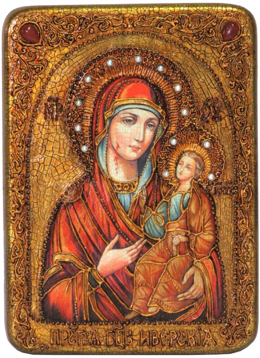 Инкрустированная аналойная икона Образ Божией Матери Иверская (21*29 см, Россия) на натуральном мореном дубе в подарочной коробке