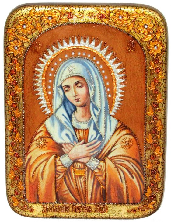 Инкрустированная аналойная икона Образ Божией Матери Умиление Серафимо-Дивеевская (21*29 см, Россия) на натуральном мореном дубе в подарочной коробке