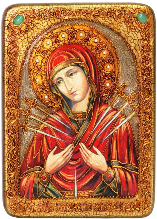 Инкрустированная аналойная икона Образ Божией Матери Умягчение злых сердец (21*29 см, Россия) на натуральном мореном дубе в подарочной коробке
