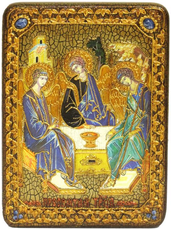 Инкрустированная аналойная икона Троица (21*29 см, Россия) на натуральном мореном дубе в подарочной коробке