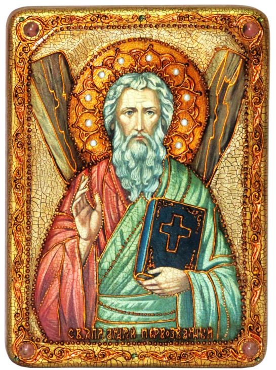 Инкрустированная аналойная икона Святой апостол Андрей Первозванный (21*29 см, Россия) на натуральном мореном дубе в подарочной коробке