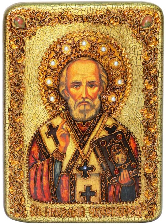 Инкрустированная аналойная икона Святитель Николай, архиепископ Мир Ликийский (Мирликийский), чудотворец (21*29 см, Россия) на натуральном мореном дубе в подарочной коробке