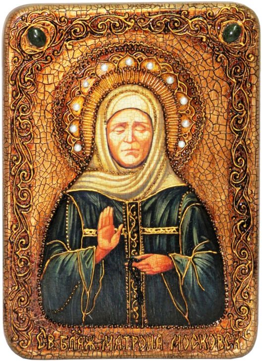 Инкрустированная рукописная икона Блаженная старица Матрона Московская (21*29 см, Россия) на натуральном мореном дубе в подарочной коробке