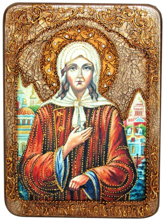 Инкрустированная аналойная икона Святая Блаженная Ксения Петербургская (21*29 см, Россия) на натуральном мореном дубе в подарочной коробке