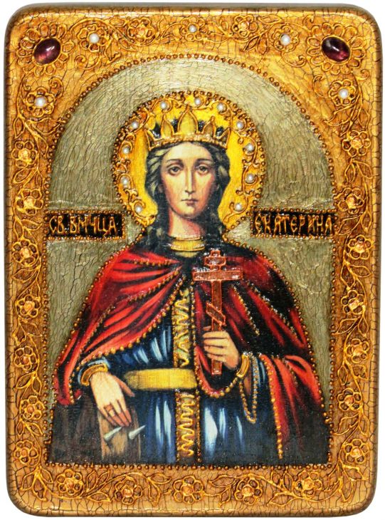 Инкрустированная аналойная икона Святая великомученица Екатерина (21*29 см, Россия) на натуральном мореном дубе в подарочной коробке
