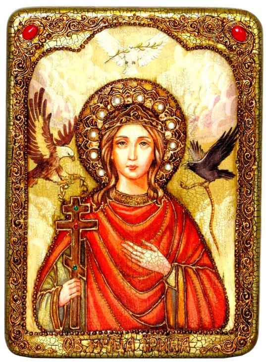 Инкрустированная аналойная икона Святая Великомученица Ирина Македонская (21*29 см, Россия) на натуральном мореном дубе в подарочной коробке