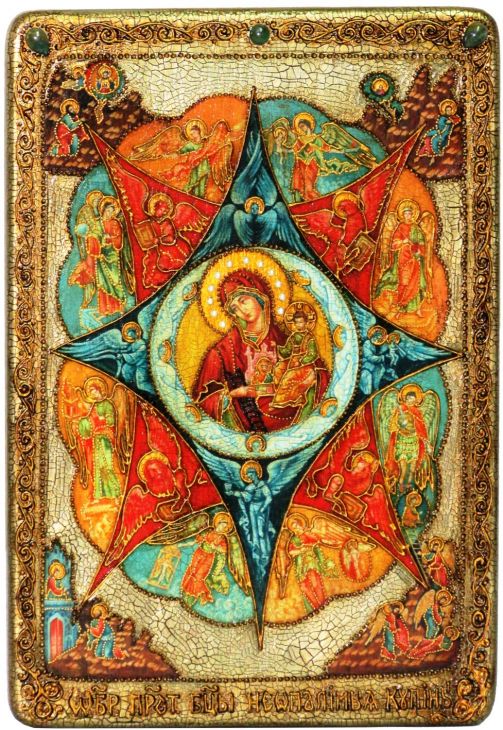 Инкрустированная большая икона Образ Божией матери Неопалимая купина (29*42 см, Россия) на натуральном мореном дубе в подарочной коробке