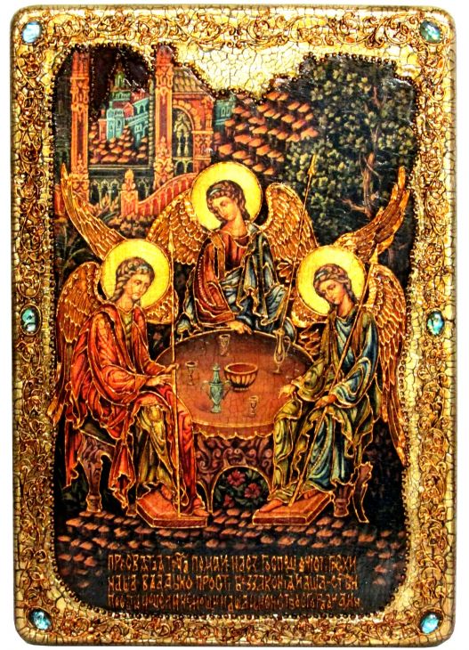 Инкрустированная большая икона Троица (29*42 см, Россия) на натуральном мореном дубе в подарочной коробке