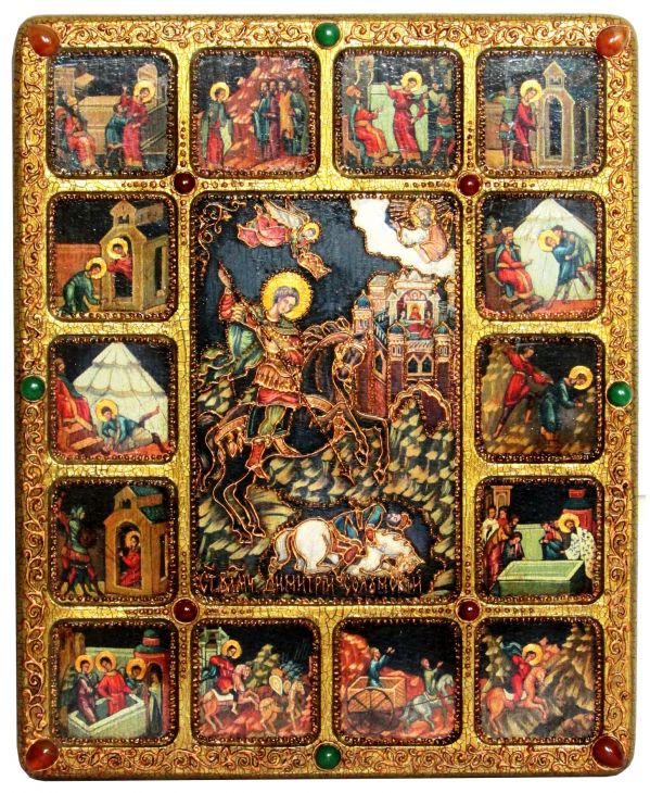 Инкрустированная икона Чудо великомученика Димитрия Солунского о царе Калояне (30*37 см, Россия) с житийными сценами на мореном дубе в подарочной коробке