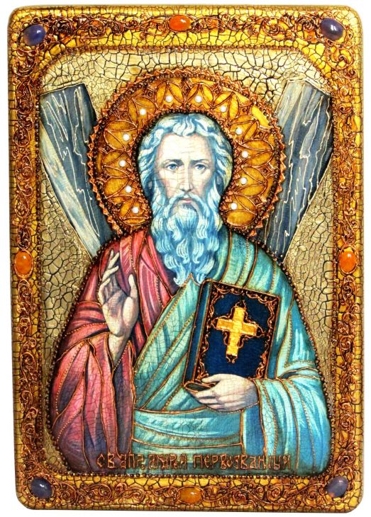 Инкрустированная большая икона Святой апостол Андрей Первозванный (29*42 см, Россия) на натуральном мореном дубе в подарочной коробке