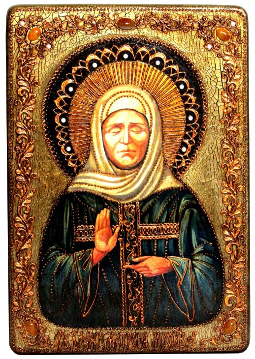 Инкрустированная большая икона Блаженная старица Матрона Московская (29*42 см, Россия) на натуральном мореном дубе в подарочной коробке