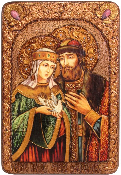 Большая подарочная икона "Петр и Февронья" на мореном дубе