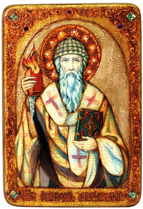 Инкрустированная большая икона Святитель Спиридон Тримифунтский (29*42 см, Россия) на натуральном мореном дубе в подарочной коробке