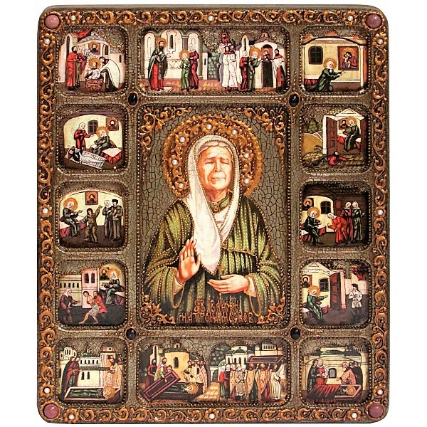 Инкрустированная большая икона Блаженная старица Матрона Московская с житийными сценами (30*37 см, Россия) на натуральном мореном дубе в подарочной коробке Инкрустированная большая икона Блаженная старица Матрона Московская с житийными сценами (30*37 см, Россия) на натуральном мореном дубе в подарочной коробке