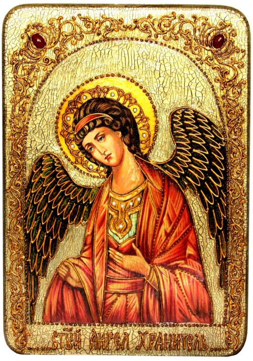 Инкрустированная большая икона Ангел Хранитель (29*42 см, Россия) на натуральном мореном дубе в подарочной коробке