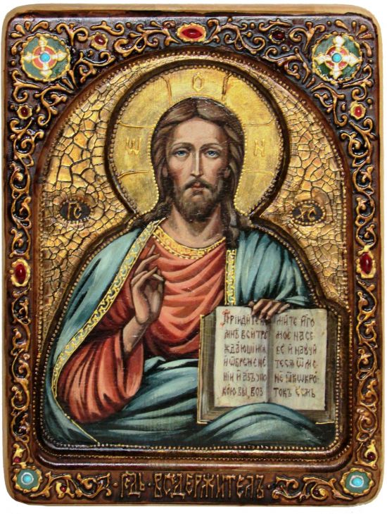 Инкрустированная Живописная икона Господь Вседержитель (21*29 см, Россия) на натуральном кипарисе в подарочной коробке