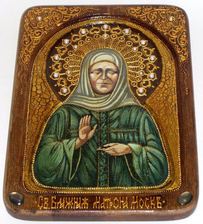 Инкрустированная Живописная икона Блаженная старица Матрона Московская (21*29 см, Россия) на натуральном кипарисе в подарочной коробке