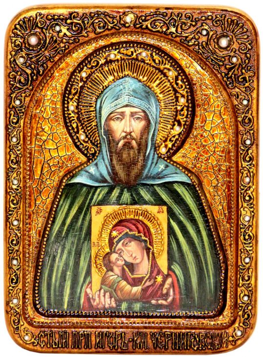 Инкрустированная Живописная икона Святой Благоверный великий князь Игорь (21*29 см, Россия) на натуральном мореном дубе в подарочной коробке