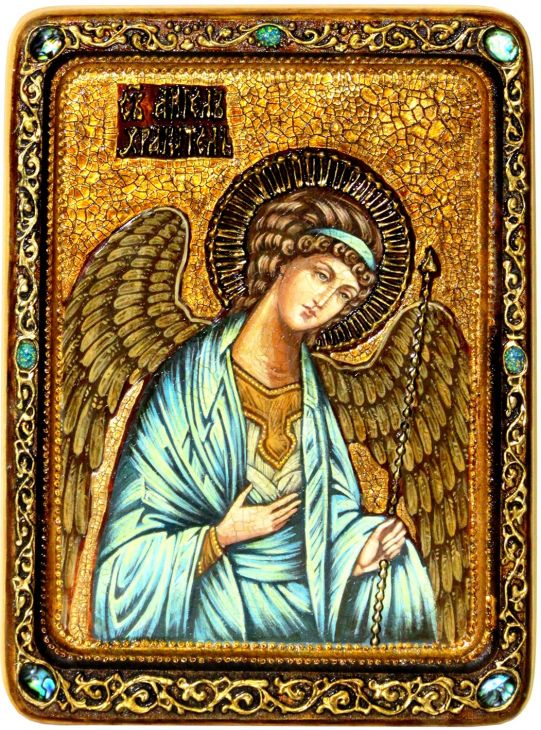 Инкрустированная Живописная икона Ангел Хранитель (21*29 см, Россия) на натуральном кипарисе в подарочной коробке