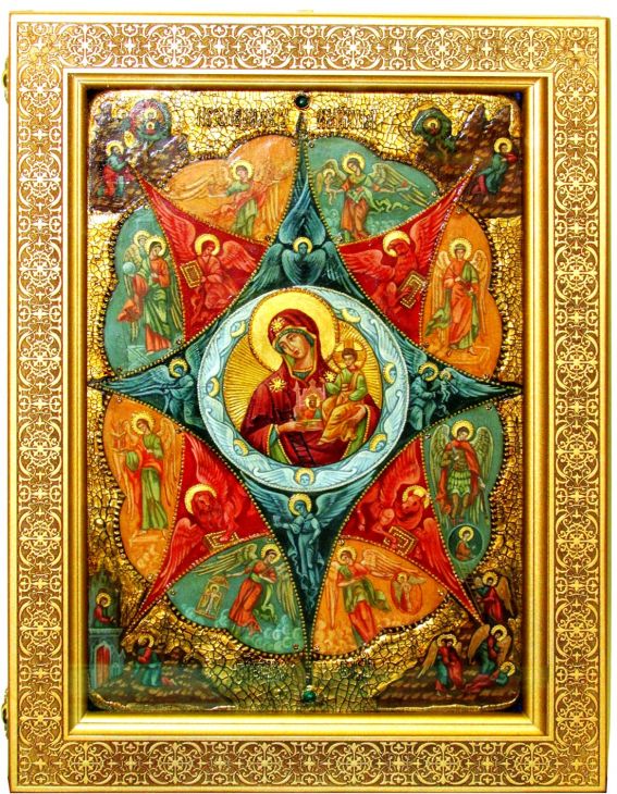 Инкрустированная Живописная икона Образ Божией матери Неопалимая купина (29*42 см, Россия) на натуральном кипарисе в подарочной коробке