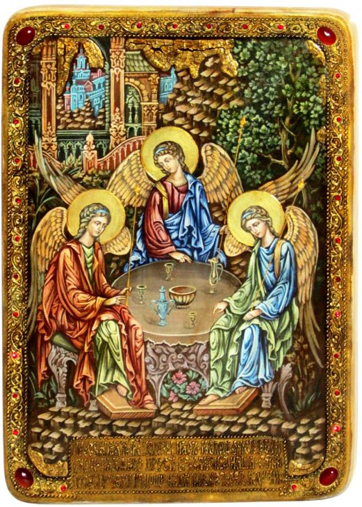 Инкрустированная Живописная икона Троица (29*42 см, Россия) на натуральном кипарисе в подарочной коробке Инкрустированная Живописная икона Троица (29*42 см, Россия) на натуральном кипарисе в подарочной коробке