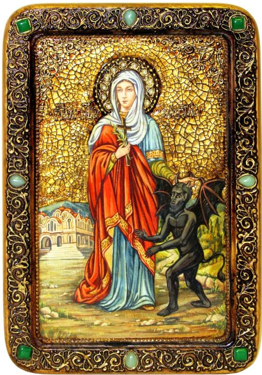 Инкрустированная Живописная икона Святая великомученица Марина (Маргарита) Антиохийская (29*42 см, Россия) на натуральном кипарисе в подарочной коробке