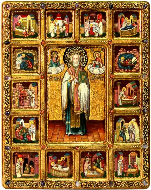 Инкрустированная Живописная икона Святитель Николай, архиепископ Мир Ликийский (Мирликийский), чудотворец с житийными сценами (54*44 см, Россия) на сакральном кипарисе в подарочной коробке