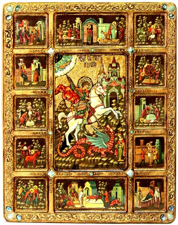 Инкрустированная Живописная икона Чудо Святого Георгия о змие с житийными сценами (54*44 см, Россия) на сакральном кипарисе в подарочной коробке