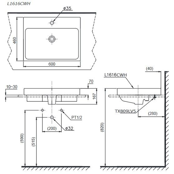 Раковина TOTO MH LW1616CB 60х46 схема 1