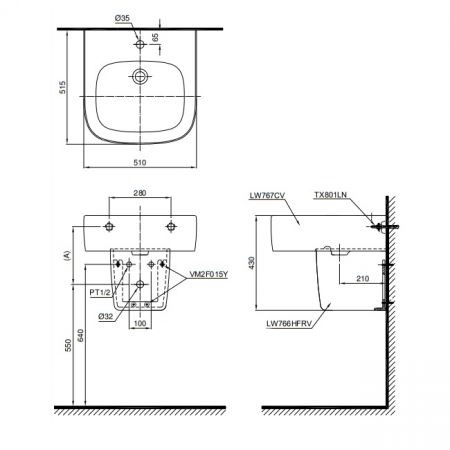 Раковина TOTO NC LHT767CRV 51х51,5 схема 1