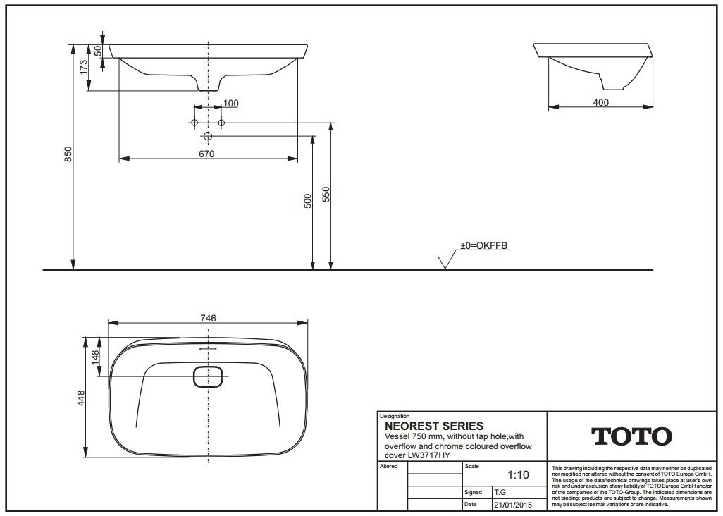 Раковина TOTO Neorest LW3717HY 74,6х44,8 схема 1