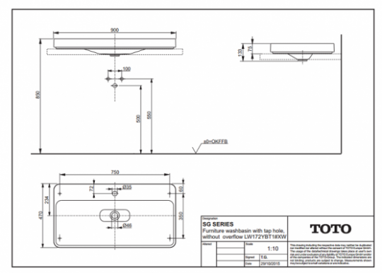 Раковина TOTO SG LW172YBT1 90х47 схема 1