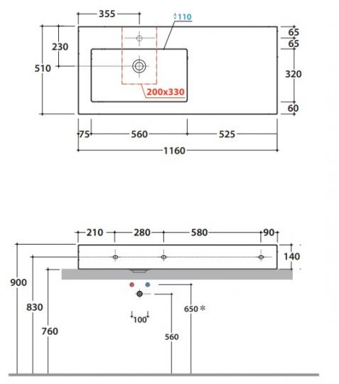 Раковина на стиральную машину Globo Incantho IN116SA 116х51 см схема 1