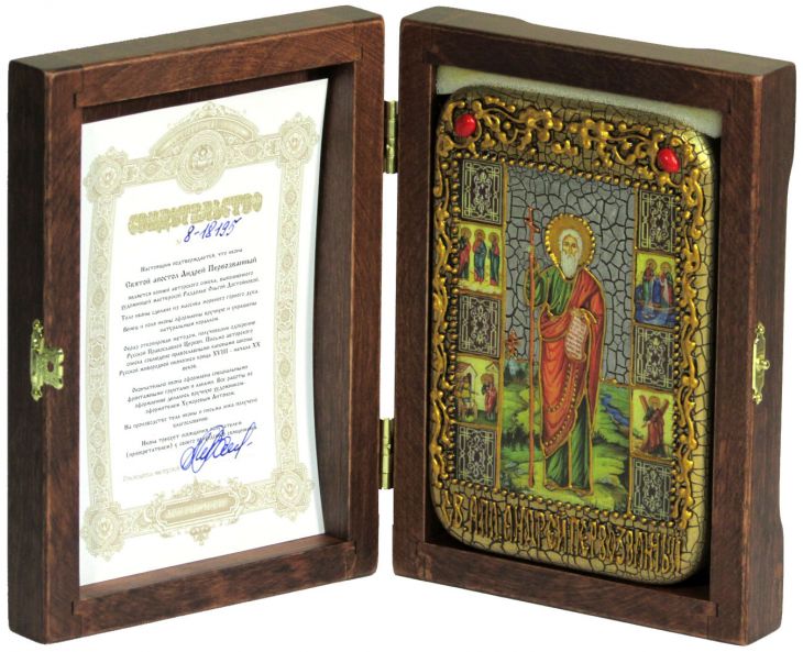 Инкрустированная настольная икона Святой апостол Андрей Первозванный (10*15 см, Россия) на натуральном мореном дубе, в подарочной коробке