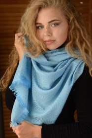 Кашемировый шотландский легкий палантин Узор Ракушки "Аква",  ART DECO BRIGHT BLUE AND AQUA SCALLOP STOLE, 100 % драгоценный кашемир, плотность 3.