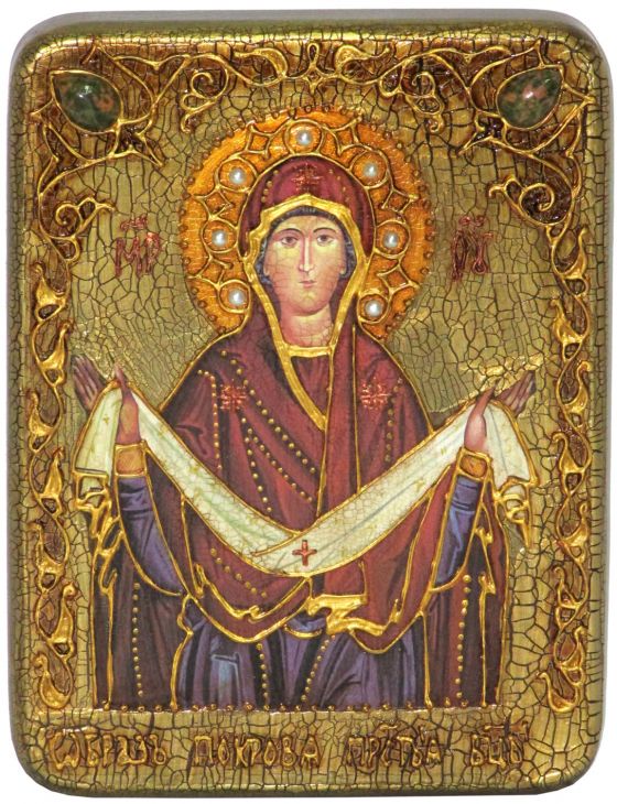 Инкрустированная настольная икона Образ Божией Матери "Покров" (15*20 см, Россия) на мореном дубе, в подарочной коробке