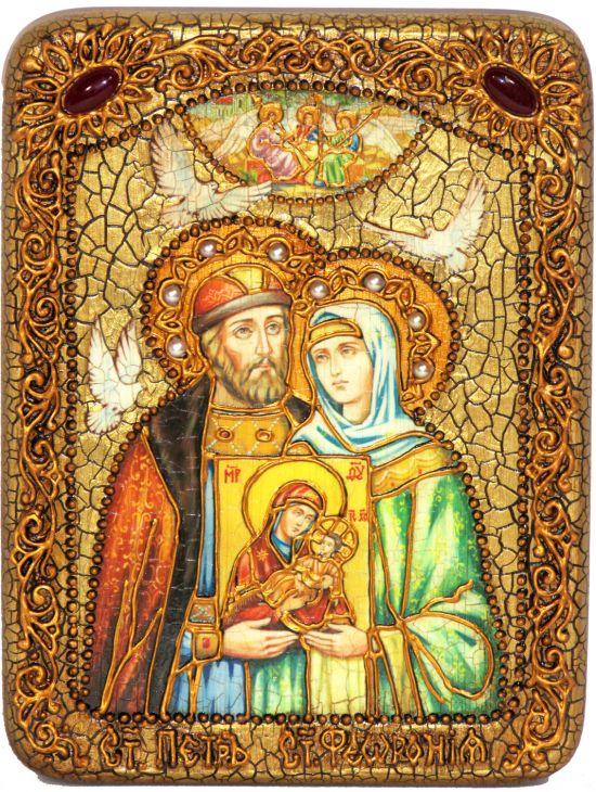 Инкрустированная настольная икона Петр и Февронья (15*20 см, Россия) на мореном дубе, в подарочной коробке