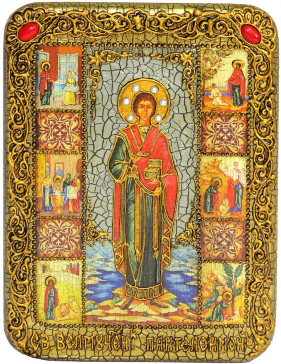 Инкрустированная настольная икона Святой Великомученик и Целитель Пантелеймон (15*20 см, Россия) на мореном дубе, в подарочной коробке