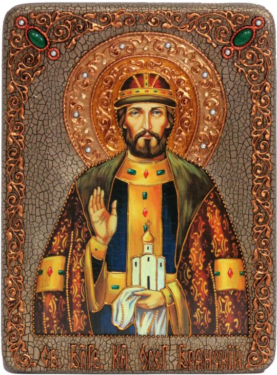 Инкрустированная подарочная икона Святой благоверный князь Олег Брянский (21*29 см, Россия) на натуральном мореном дубе в подарочной коробке Инкрустированная подарочная икона Святой благоверный князь Олег Брянский (21*29 см, Россия) на натуральном мореном дубе в подарочной коробке